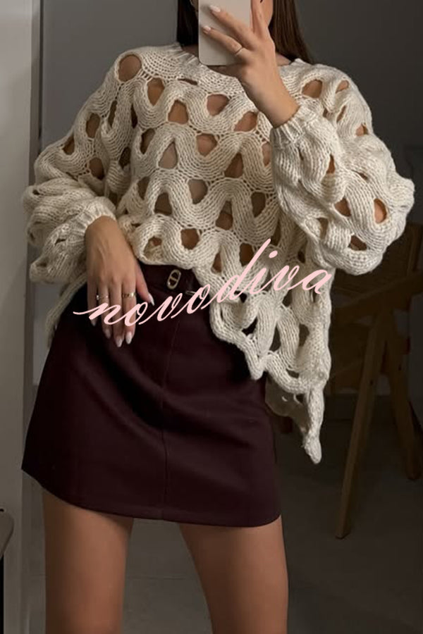 Solid Color Casual Hollow Long-sleeved Holiday Knitted Sweater