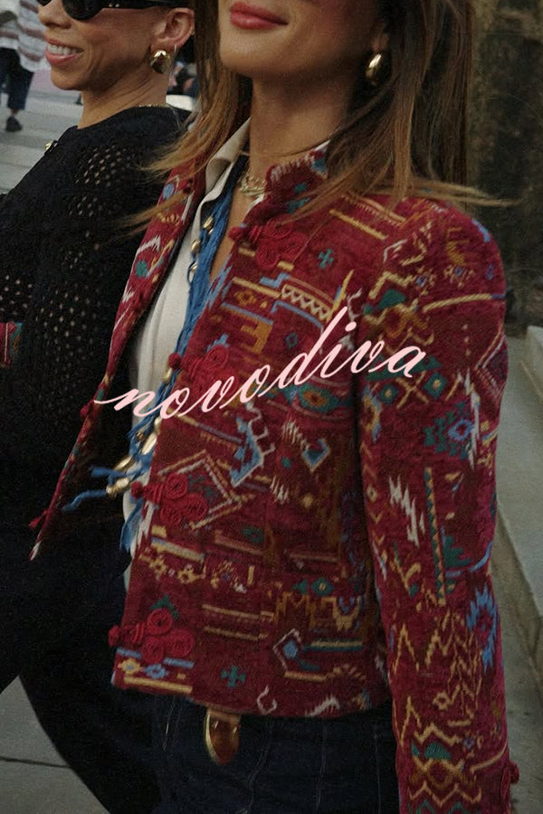 Vintage Bohemian Printed Chinese Style Buttons Long Sleeve Crop Jacket