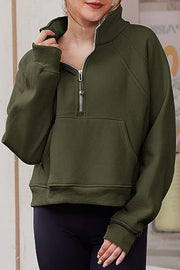 Stylish Patchwork Stand Collar Zippered Loose Pocket Sweatshirt