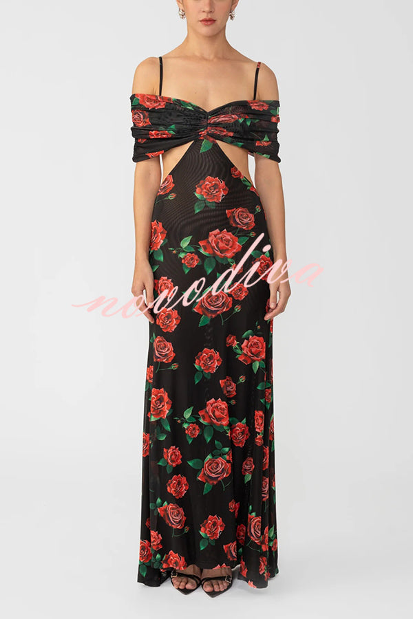 Rose Print Sexy Strapless Backless Slim Maxi Dress