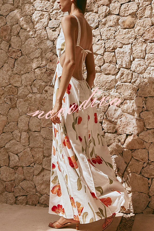 Eliska Linen Blend Poppy Print Cutout Contrast Trim A-line Maxi Dress