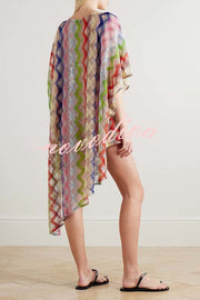 Sun Washed Knit Colorful Zigzag Pattern Asymmetric Hem Loose Cover-ups Kaftan