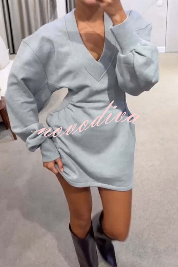 Weekend Stroll Ribbed V-neck Long Sleeve Waisted Sporty Mini Dress
