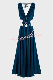 Midnight Charm Satin Ruched Cutout Tie-up Maxi Dress