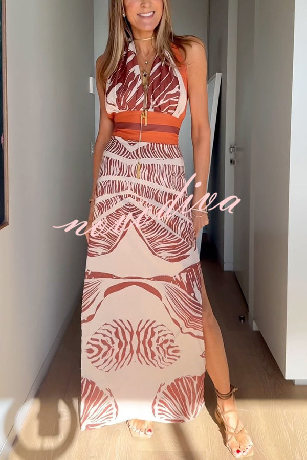 Vacay Bound Linen Blend Unique Botanical Print Halter Maxi Dress