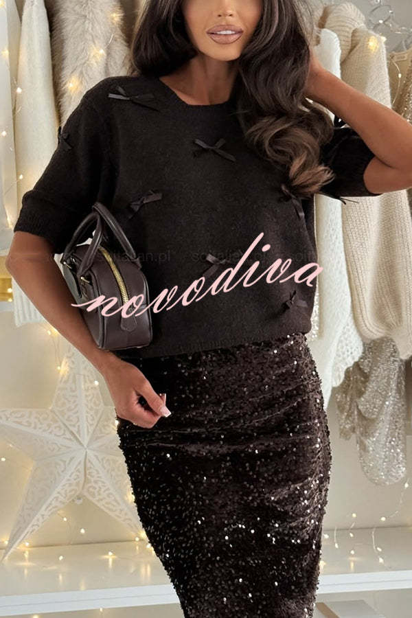Light The Night Knit Satin Bow Detail Short Puff Sleeve Sweater