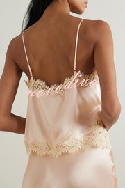 Celebration Look Contrast Color Satin Lace Trim V-Neck Slip Tank