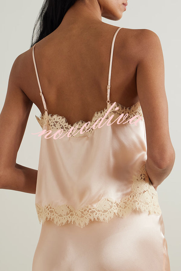 Celebration Look Contrast Color Satin Lace Trim V-Neck Slip Tank