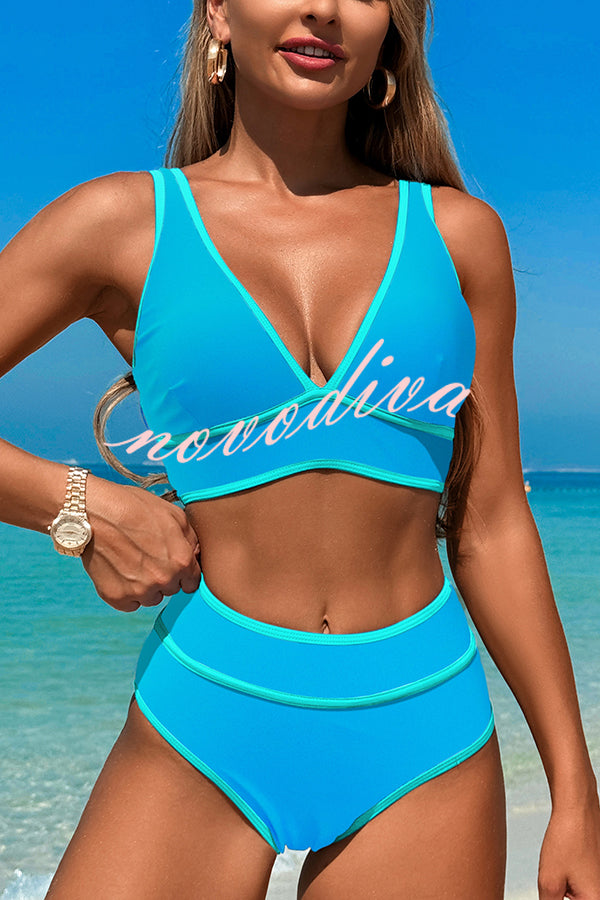 Solid Color Contrast High Waist Stretch Bikini Swimsuit