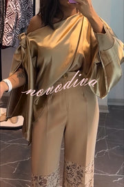 Chic Moment Satin Irregular Knot Slit Sleeve One Shoulder Loose Blouse