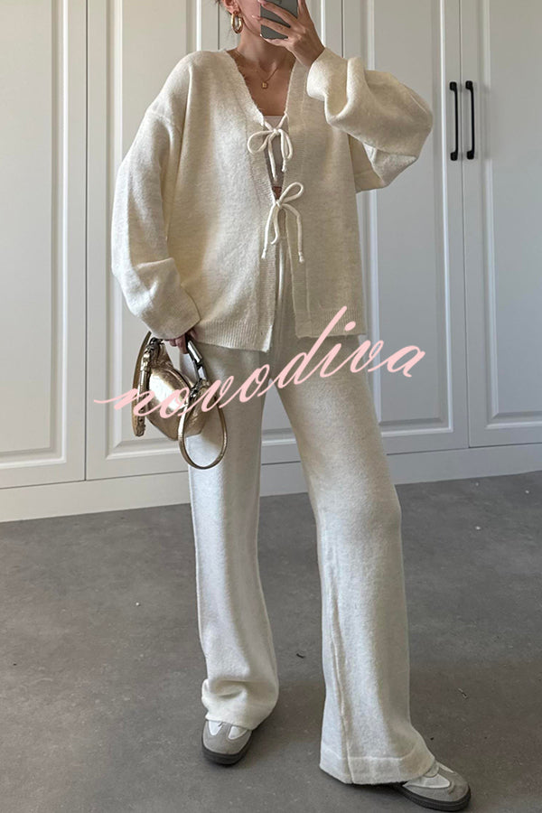 Solid Color V-neck Tie Long-sleeved Loose Knit Cardigan and Elastic Waist Casual Straight Leg Pants Set