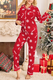 Snowflake Candy Print Casual Long-sleeved Shirt and Elastic Waist Pants Set