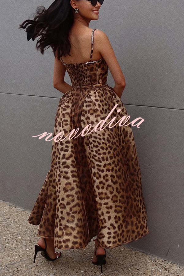 Unleash Your Wild Leopard Rhinestone Trim Back Smocked Midi Dress