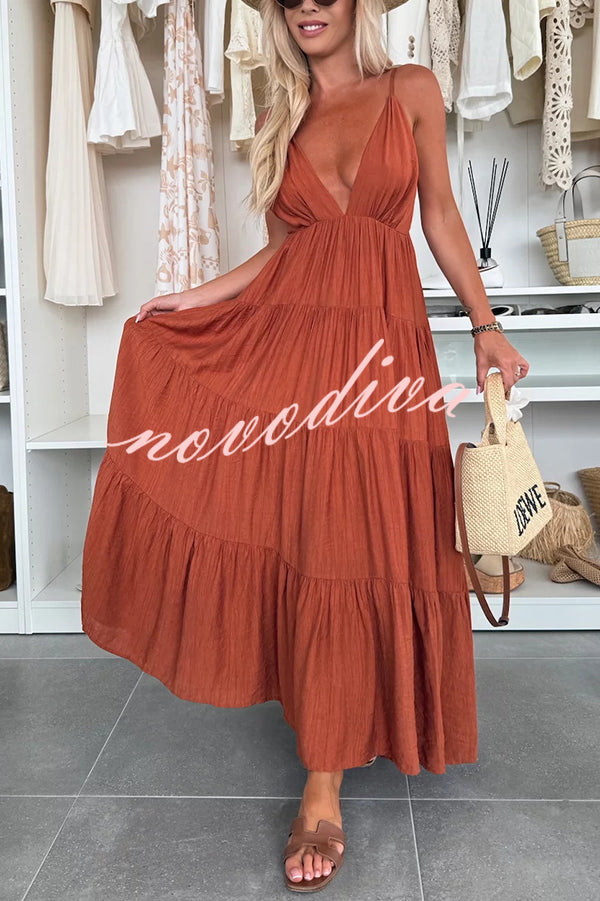 Bohemian Style V-neck Backless Slip Layered Vacation Maxi Dress