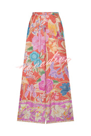 Painter's Garden Boho Floral Print  Elastic Waist Pocketed Wide Leg Pants