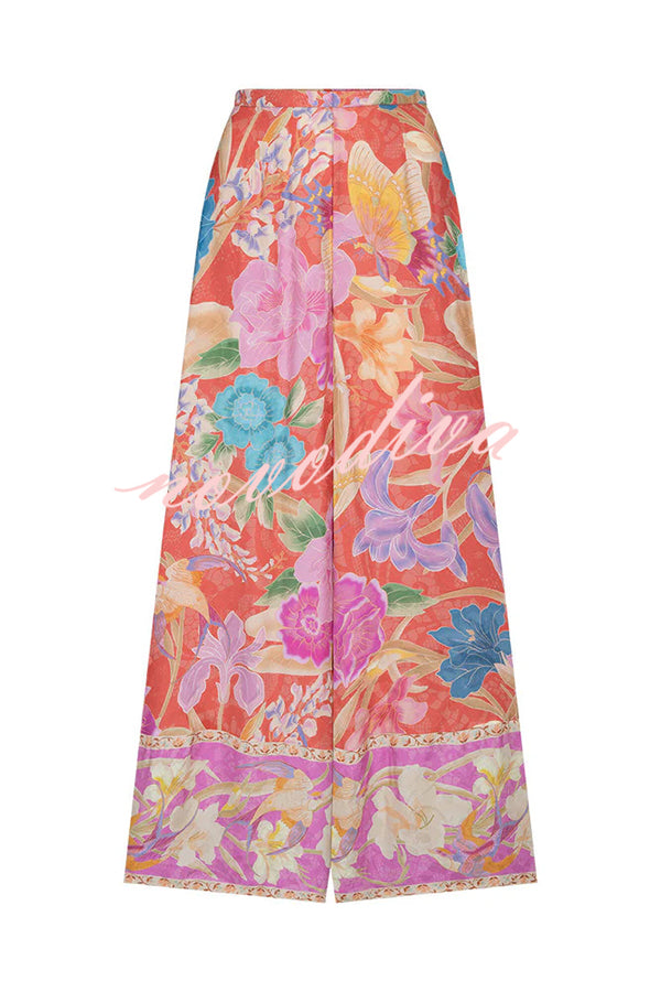 Painter's Garden Boho Floral Print  Elastic Waist Pocketed Wide Leg Pants