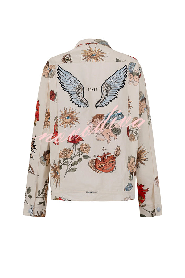 Angel Wings Denim Unique Print Button Up Long Sleeve Pocketed Relaxed Jacket