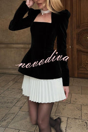 Netta Velvet Square Neck Long Sleeve Back Pearl Detail Pleated Mini Dress