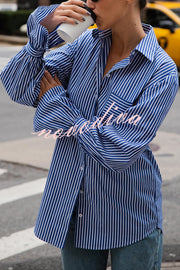 Striped Print Ruffled Long Sleeve Pockets Loose Shirt