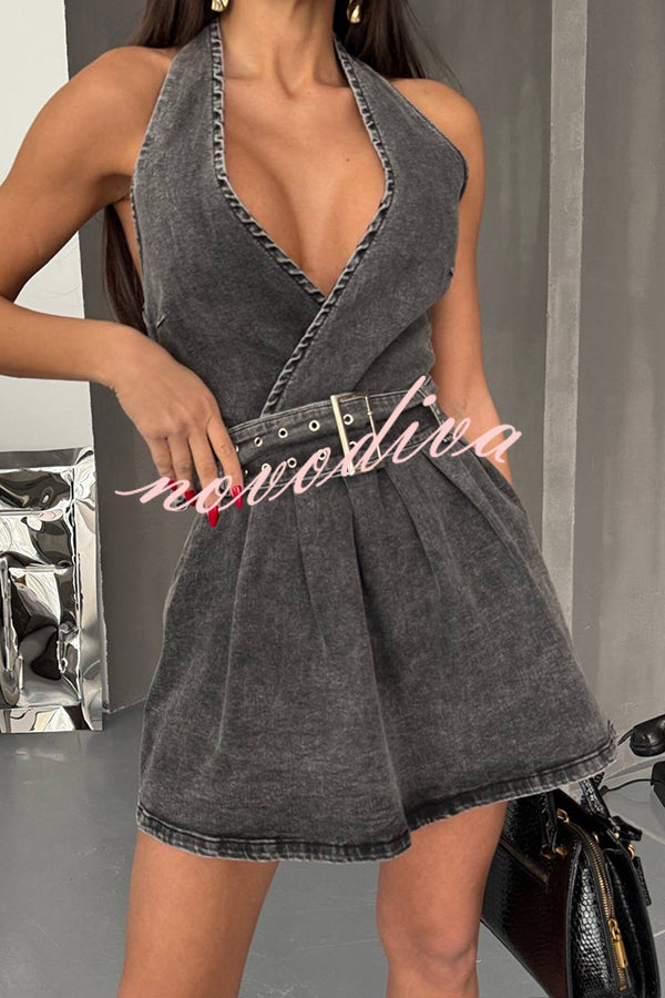 Fashionable Halterneck Open-back Belted Denim Mini Dress