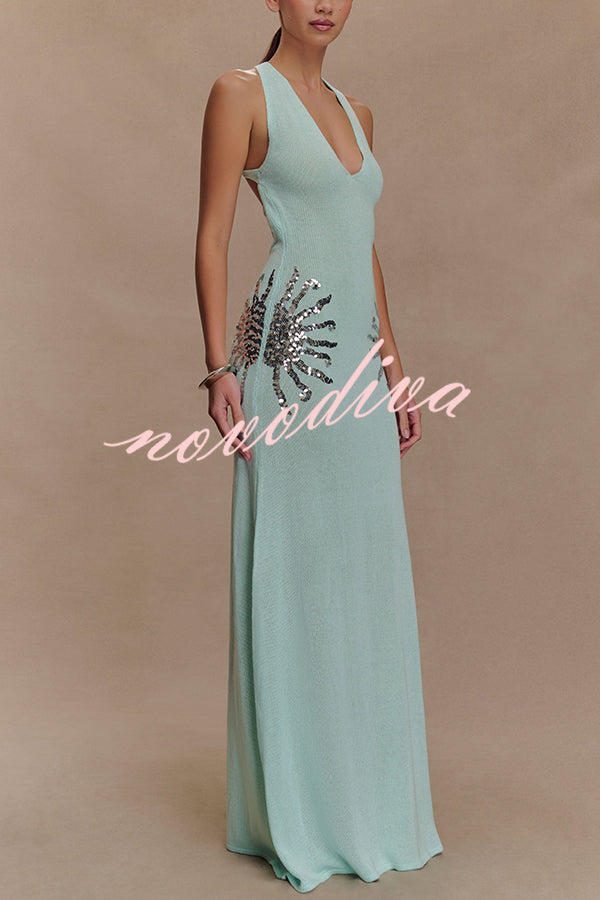 Sparkling Nights Knit Sunburst Sequin Detail Back Cross Straps Stretch Maxi Dress