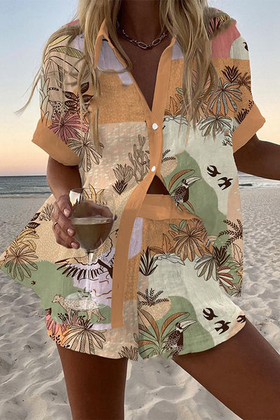 Line Plant Print Loose Button Elastic Waist Shorts Set