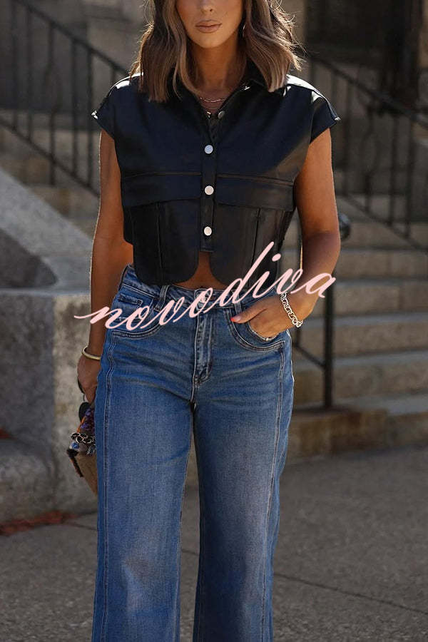 Fashion Faux Leather Pocket Sleeveless Cropped Jacket