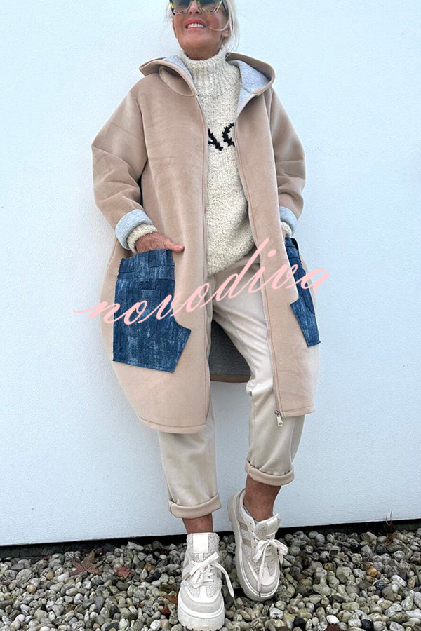 Soft and Warm Zipper Denim Pocket Long Sleeve Hooded Midi Sweatshirt Coat