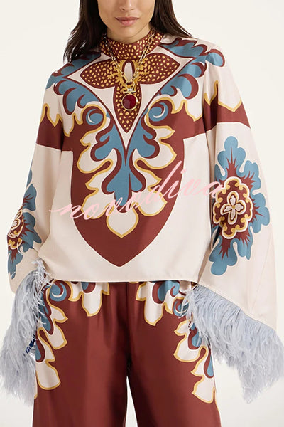 Bohemian Dreams Unique Print High Neck Feather Trim Bell Sleeve Top