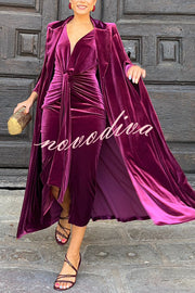 Elisabeth Luxurious Velvet Padded Shoulders Long Sleeve Twist Waist Drape Midi Dress