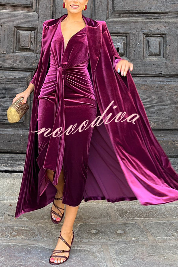 Elisabeth Luxurious Velvet Padded Shoulders Long Sleeve Twist Waist Drape Midi Dress