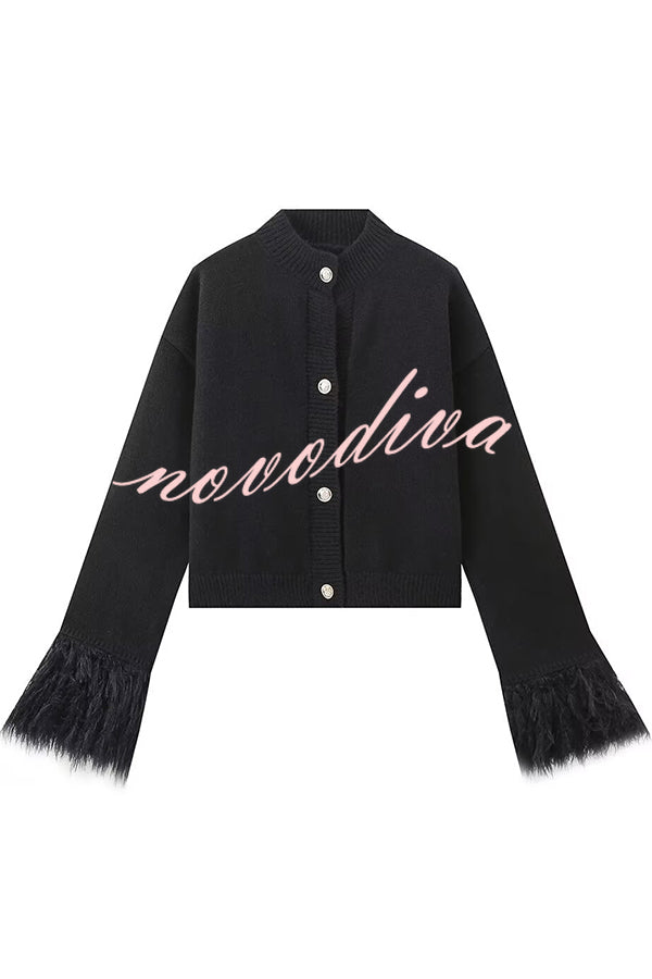 Solid Color Elegant Feather Long Sleeve Casual Knitted Cardigan