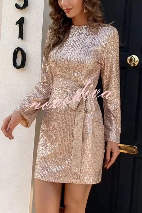 Fashion Sequined Tie Waist Slim Backless Mini Dress