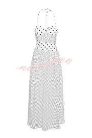 Polka Dot Print Halterneck Tie-stitched Slim Maxi Dress