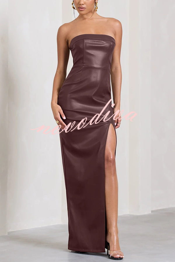 Sexy Meaning Faux Leather Strapless Bandeau Split Maxi Dress