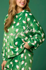 Christmas Printed Crew Neck Long Sleeve Top and Elastic Waist Loose Pants Set