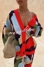 Bright and Bold Knit Abstract Color Blocks Button Long Sleeve Loose Cardigan