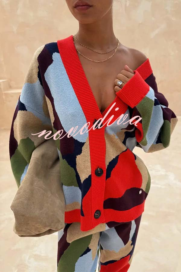 Bright and Bold Knit Abstract Color Blocks Button Long Sleeve Loose Cardigan