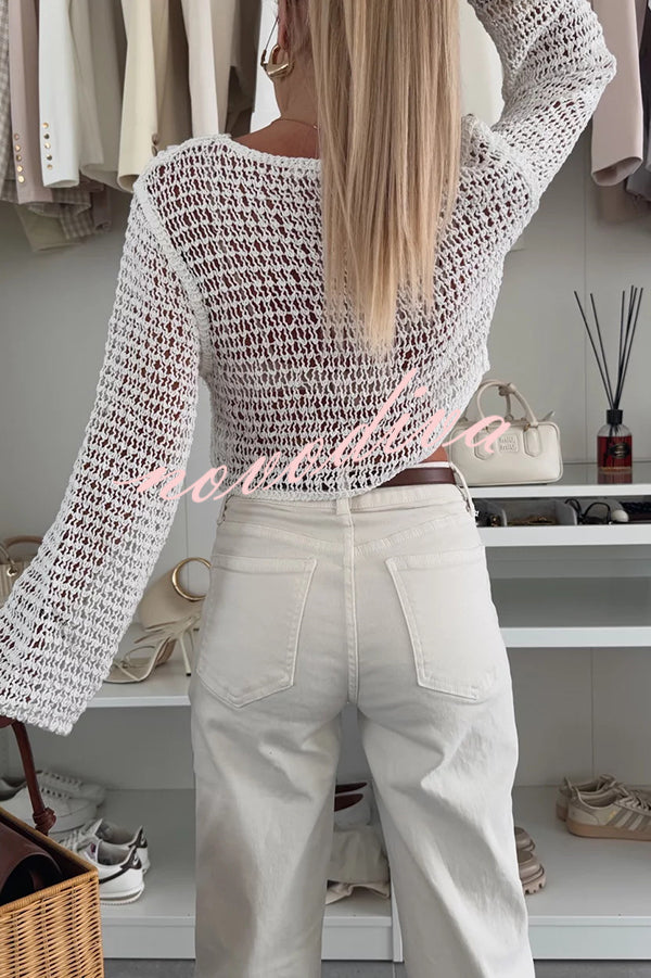 Fashion Knitted Hollow Long Sleeve Round Neck Holiday Cover Up