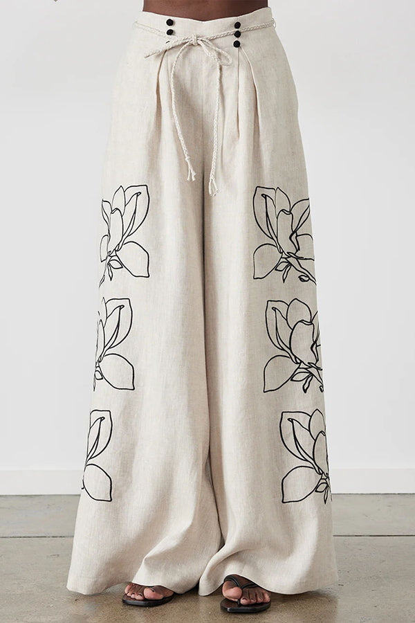 Elaina Linen Blend Floral Print Button Pocketed Wide Leg Palazzo Pant