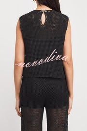 Fashionable Embroidered Hollow Crochet Sleeveless Round Neck Knitted Vest