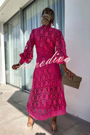 Romantic, Sensual and Elegant Crochet Lace Lantern Sleeve Party Midi Dress