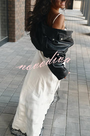 Breezy City Fall SatinLace Petal Trim Slip Tie-up H-line Slit Maxi Dress
