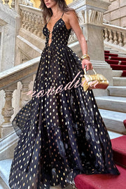 Charming View Chiffon Gold Polka Dot Print Cutout Lightweight Maxi Dress