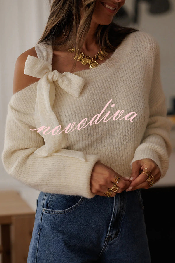 Solid Color Bow Tie Long-sleeved Casual Knit Sweater