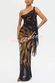 Unique Print Sexy One Shoulder Slim High Slit Maxi Dress