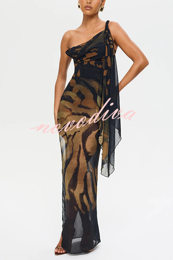 Unique Print Sexy One Shoulder Slim High Slit Maxi Dress