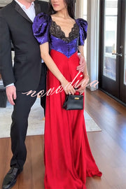 Like Snow White Sequin Lace Puff Sleeve Satin Hem Maxi Dress