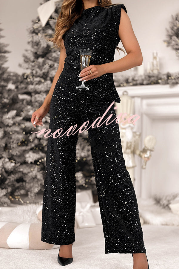 Stylish Sparkly Velvet Sequin Sleeveless Pleated Top and Casual Wide-leg Pants Set