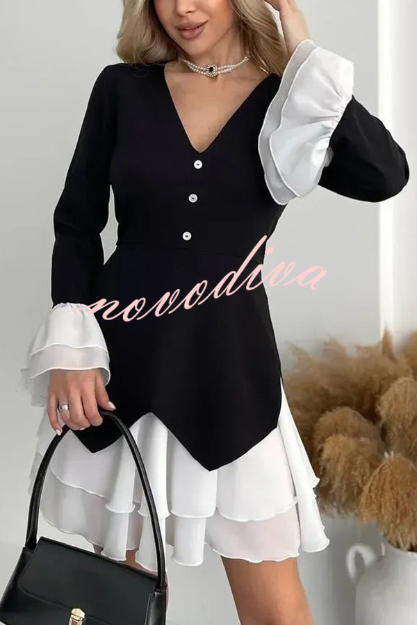 Fashionable Contrast Color Panel Long Sleeve Ruffled Mini Dress